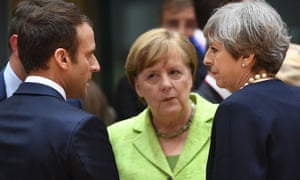 French President Emmanuel Macron (left), German Chancellor Angela Merkel (centre) and Theresa May at an EU summit last year.