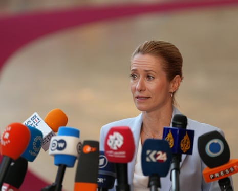 EU foreign policy chief Kaja Kallas speaks with the media as she arrives for a meeting of EU foreign ministers in Brussels.