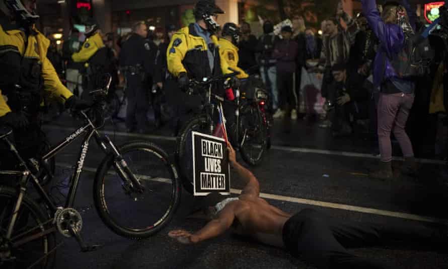 Protesters demonstrate outside the Target Center after the Donald Trump's speech in Minneapolis.