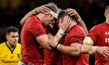 Alun Wyn Jones, Justin Tipuric and Dillon Lewis of Wales celebrate after the final whistle.