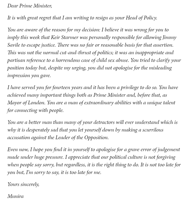 Munira Mirza’s resignation letter.