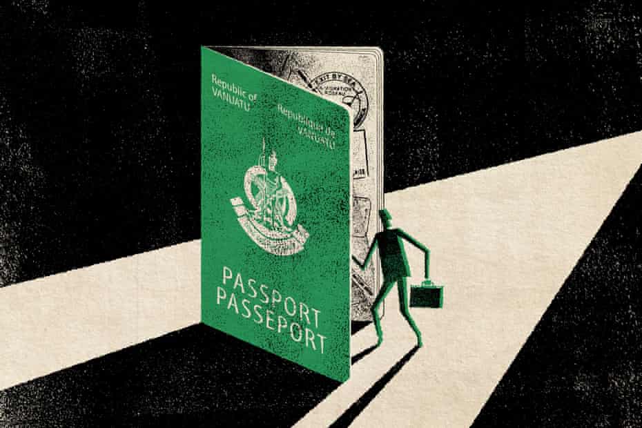 An illustration of a man walking into a giant passport