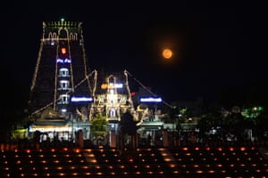 The illuminated Kapaleeswarar temple during the Vaikasi Visakam celebration in Chennai