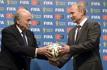 Fifa president Sepp Blatter and Putin during the handover ceremony for the 2018 World Cup