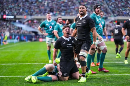New Zealand's Cam Roigard (left) celebrates scoring their fourth try against Ireland last week with Ardie Savea, who will captain the side at Murrayfield.