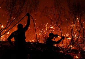 Firefighters try to extinguish a wildfire