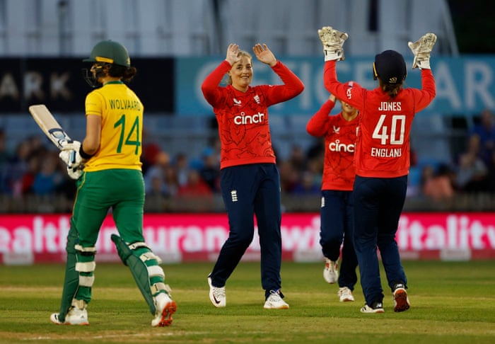 England’s Sophie Ecclestone celebrates the wicket of South Africa’s Laura Wolvaardt.
