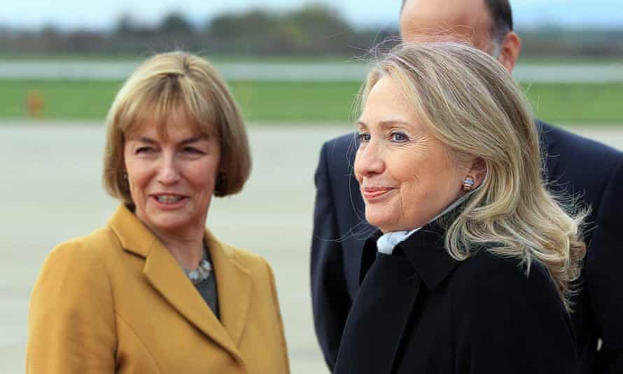 Vesna Pusić, left, welcomes Hillary Clinton to Zagreb airport in October 2012.