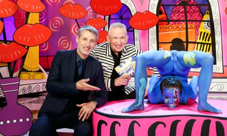 ‘Just to keep things interesting’… presenters Antoine de Caunes and Jean Paul Gaultier with a contortionist covered in a map of European member nations.