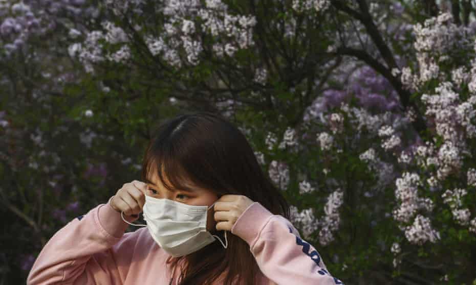 A Chinese woman puts on her protective mask while enjoying the spring weather in Beijing