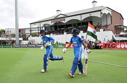 Pratika Rawal and Smriti Mandhana of India enter the field of play during game one of the Women’s One Day International Series between Australia and India at Allan Border Field