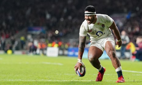 Manu Tuilagi scores England’s third try in the 33-30 win over Wales at Twickenham in March.