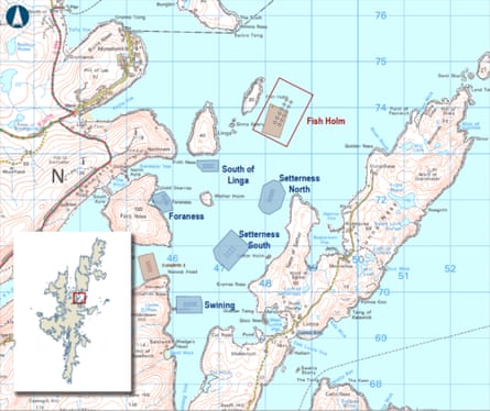 A map of an inlet in the Shetland Isles showing the location of seven fish farms