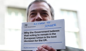 Nigel Farage returns a pro-EU pamphlet to No 10 in protest.