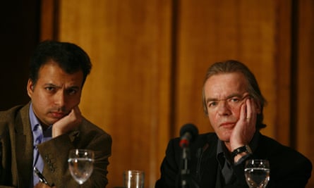 Martin Amis discussing the role of literature in the context of the terrorist threat with the writer Ed Husain in a panel discussion at the University of Manchester in 2007.