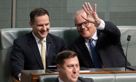 Scott Morrison and Alex Hawke during question time