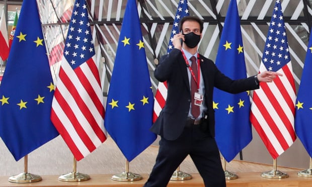 A security guard walks at the EU-US summit in Brussels earlier this year.