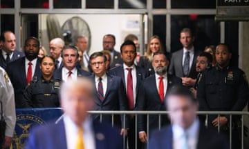 From left, North Dakota Gov. Doug Burgum, U.S. Speaker of the House Mike Johnson and businessman Vivek Ramaswamy look on as former President Donald Trump talks to the media outside Manhattan criminal court in New York, on Tuesday, May 14, 2024. (Curtis Means/Pool Photo via AP)