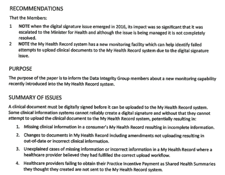 An excerpt from an official document describing the My Health Record problem.