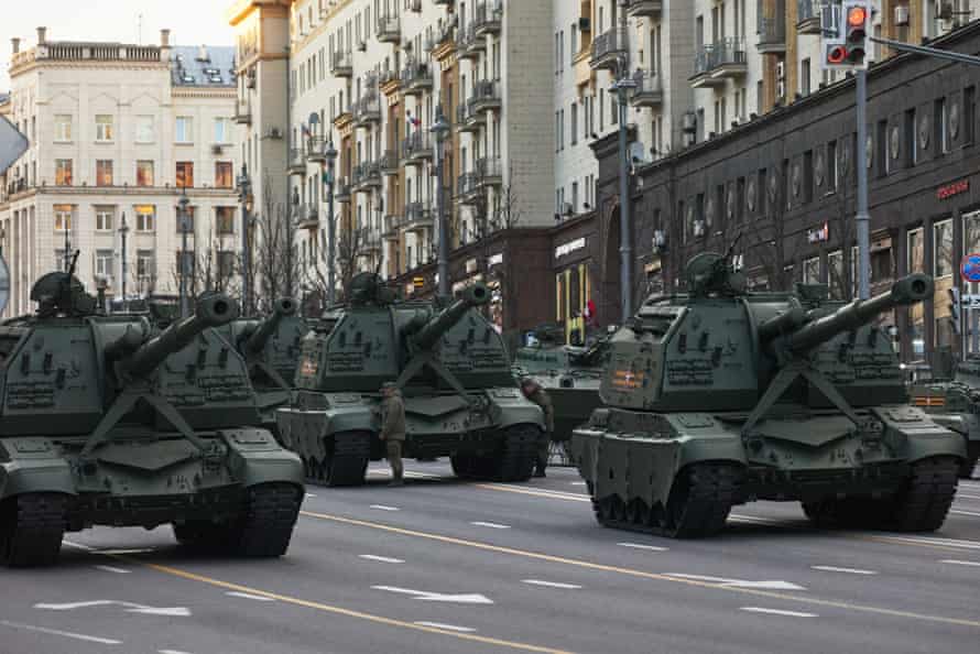 Russian military seen rolling down a Moscow street on Wednesday in preparation for Victory Day.