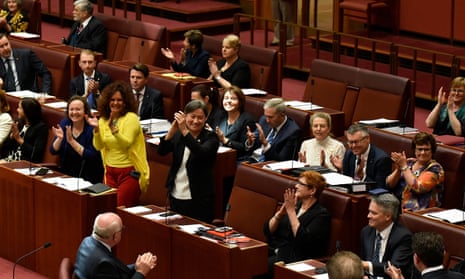 Senators celebrating the result of a vote passing the marriage eqaulity bill in the Senate at parliament house on 29 November 2017 in Canberra, Australia. 