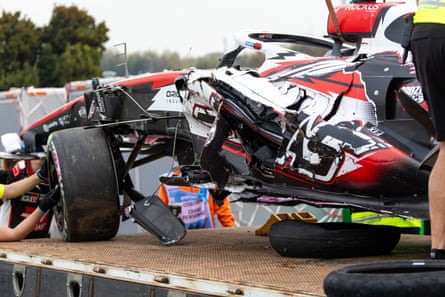 The wreckage of Oliver Bearman's Haas after his crash at Suzuka