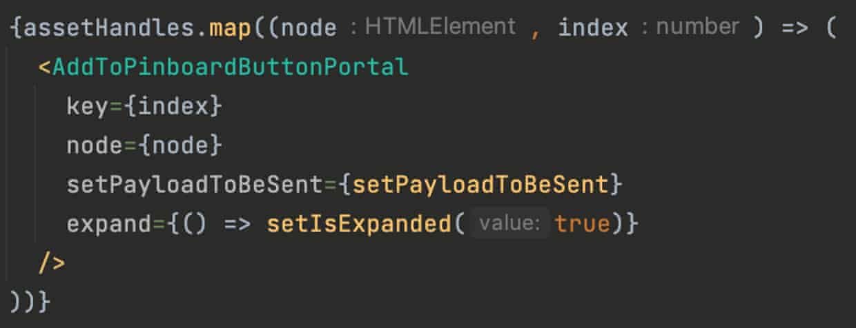 Code snippet from Pinboard showing all the asset handles being mapped to React portals.