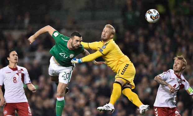 Shane Duffy, scoring here for Republic of Ireland against Denmark in 2017, has played every minute of all five of the teams’ meetings over the past two years.