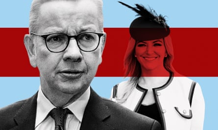 Graphic illustration of Michael Gove and Michelle Mone in a hat.