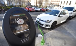 Electric cars being charged in London.