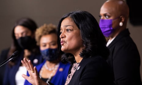 Pramila Jayapal, pictured here in December 2021 with other members of the progressive caucus, said: ‘The letter was drafted several months ago, but unfortunately was released by staff without vetting.’