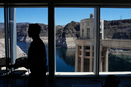 A news conference on Lake Mead at the Hoover Dam on Monday.