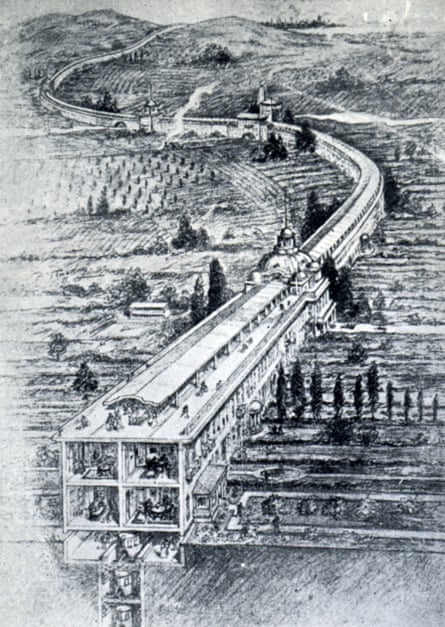 A sketch of Roadtown, a long, winding three-storey structure with a walkway on top