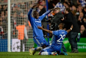 Demba Ba and Samuel Eto’o celebrate as Chelsea knock PSG out of the Champions League.