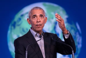 Barack Obama delivers a speech to delegates during the Cop26 summit.