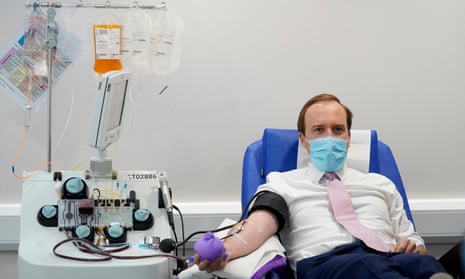 Matt Hancock, the health secretary, donating Covid-19 antibodies in London on 5 June.
