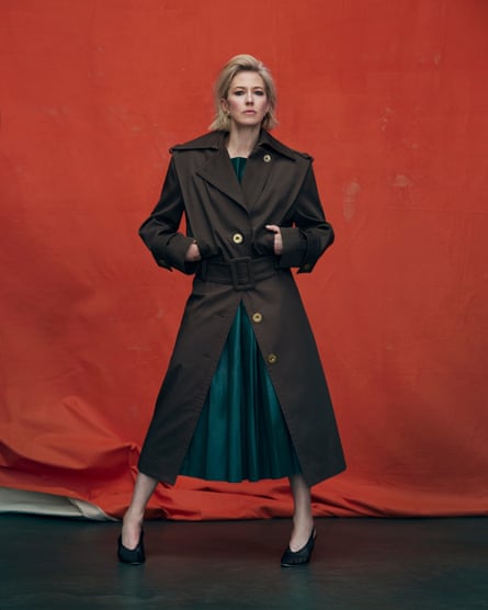 ‘I had been taught that I had to control information to protect other people’: Carrie Coon wears overcoat by Patou; leather dress by Tod’s; shoes by Altuzarra; and earrings by Briony Raymond.