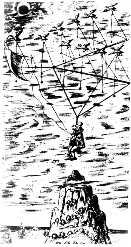17th-century line drawing of a man sitting on a plank of wood floating in the sky held up by what looks like a climbing frame propelled by birds.