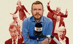 Composite of James O’Brien (centre in colour) with LBC microphone, surrounded by the subjects of his book in faded monochrome- Nigel Farage, Jeremy Corbyn, Liz Truss, Boris Johnson, Andrew Neil and Rupert Murdoch