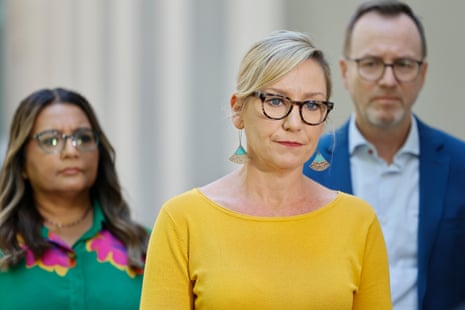The Australian Greens leader, Larissa Waters, centre.
