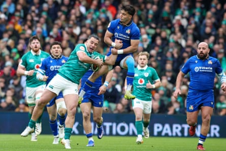 Italy’s full-back Lorenzo Pani climbs highest at the Aviva Stadium on Saturday as the Azzurri gave Ireland a huge test