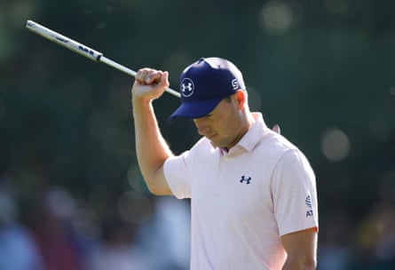 Jordan Spieth walks to the 1st green, looking pensive, during the second day of the Masters