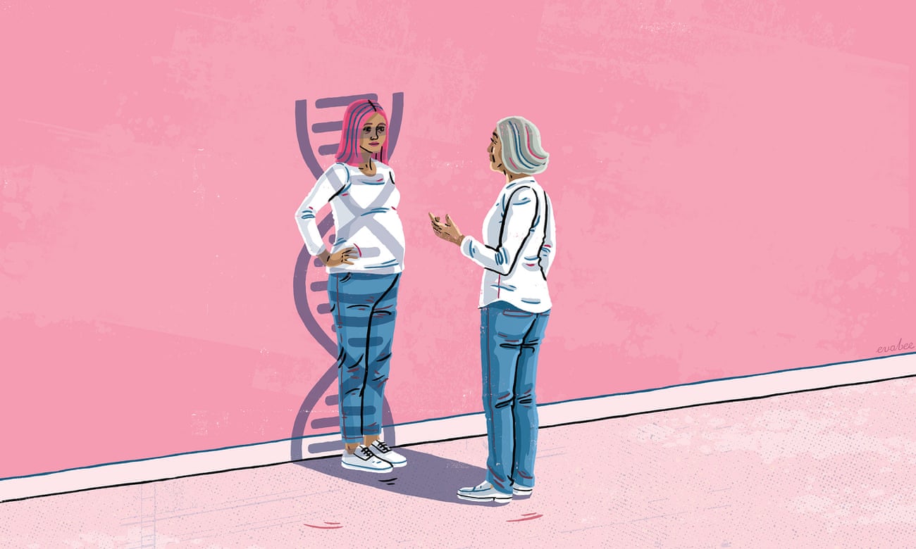 Illustration of two women facing each other, dressed identically in blue jeans and a white t-shirt, the older woman explaining something to the younger pregnant woman, who has her hand on her hip