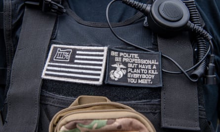 A Three Percenters pach is worn at a Proud Boys rally in Portland, Oregon.