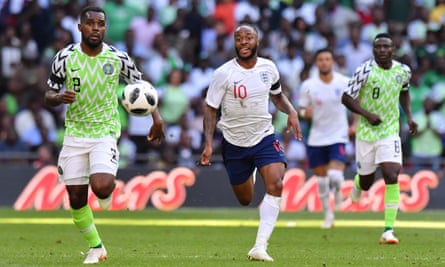 Raheem Sterling battles for possession with Nigeria’s Bryan Idowu (left) in their pre-World Cup friendly at Wembley.