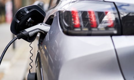 An electric car plugged into a charging point