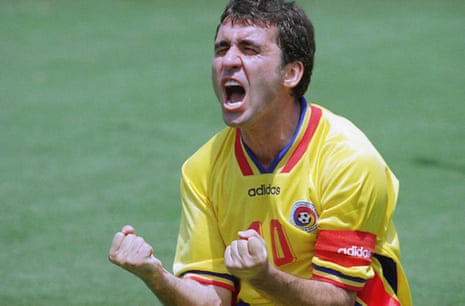 Gheorghe Hagi is overjoyed after his assist allows Ilie Dumitrescu to score Romania’s second goal in their 3-2 win over Argentina.