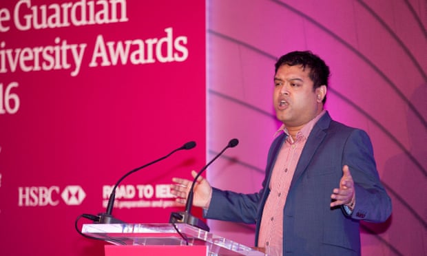 Awards host Paul Sinha on stage at the Guardian University Awards 2016, held at RIBA in central London.