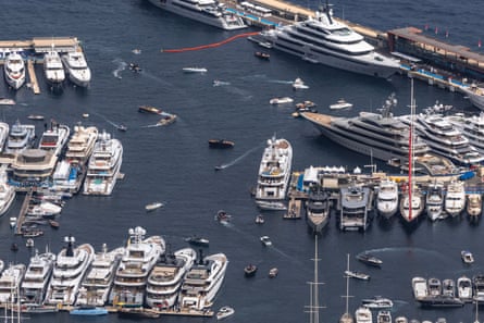 Photo taken from above shows superyachts moored in rows