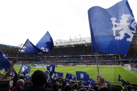 Chelsea fans wave banners at Stamford Bridge for the Women’s Champions League semi-final second leg against Barcelona.